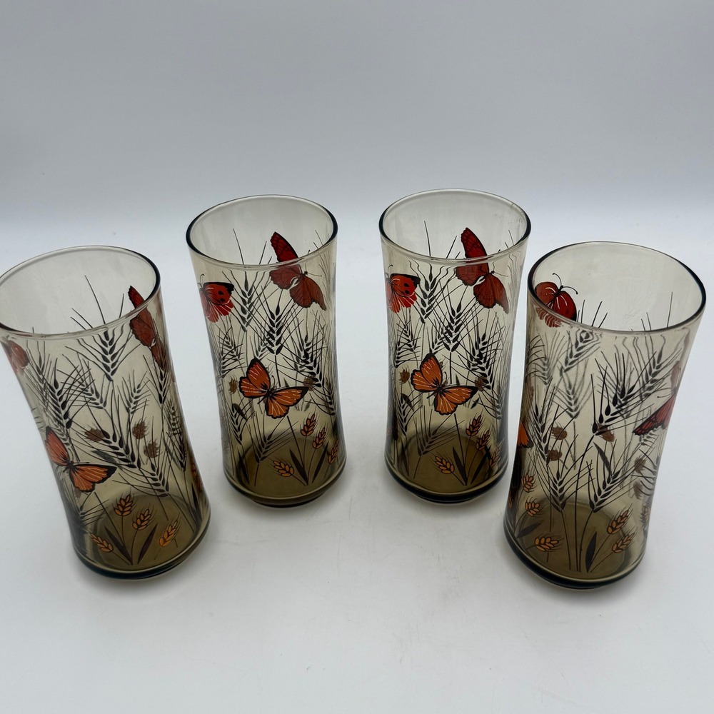 Vintage Set of 4 Smoky Glass Tumblers Butterfly and Wheat Nature Motif 6.25in